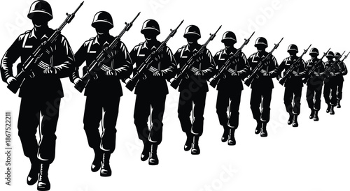 Silhouette of a line of soldiers marching with rifles in formation, army infantry troops on patrol, military service and discipline. (20 words)