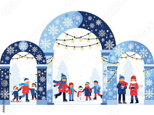 Winter Wonderland Archway Children Enjoying Snowy Activities Under Festive Decorations