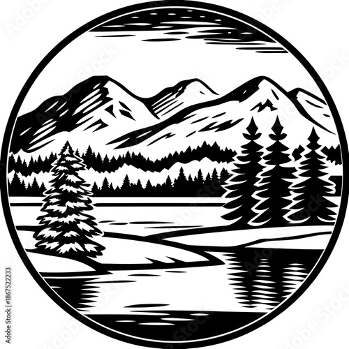 A vintage ink sketch of a mountain landscape vector illustration featuring nature elements like trees, birds, and artful black doodle drawings