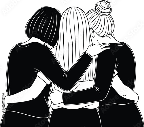 Three women hugging from behind, female friendship illustration, girls support each other, solid black and outline art for community, and sisterhood.