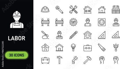 Labor and Construction Industrial Service Icon Set Featuring Manual Workers Tools Maintenance Repair Safety Equipment Building Renovation Professional Engineering and Handyman Symbols