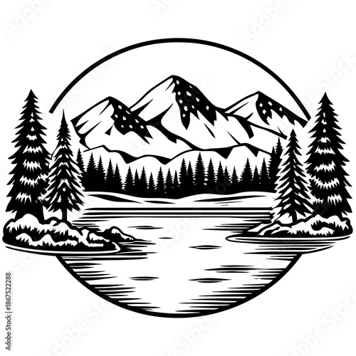 A winter landscape illustration featuring a cartoon boat on a mountain lake surrounded by a snowy forest of Christmas trees under a starry night sky