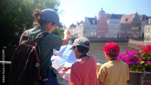Family tourists using a map together, standing on a bridge by a canal with charming old buildings and colorful flowers, enjoying a lively summer city vacation