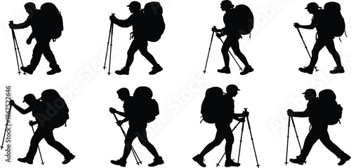 Hiker silhouette vector illustration set, people with backpacks trekking for outdoor mountain adventure and travel design