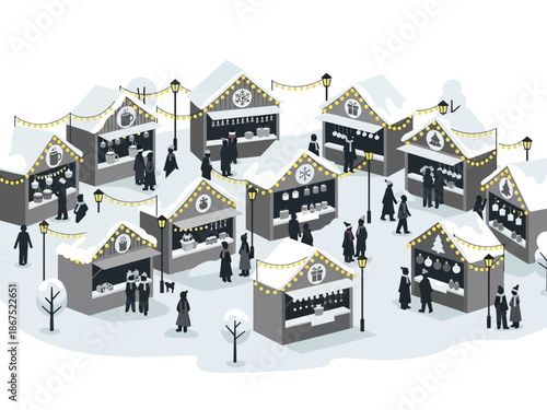 Festive Winter Market A Charming Scene of Holiday Stalls and People in the Snow