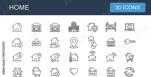 Real Estate and Home Services Icon Set Including House Sale Rent Property Management Garage Security Smart Home Maintenance Mortgage and Residential Building Symbols