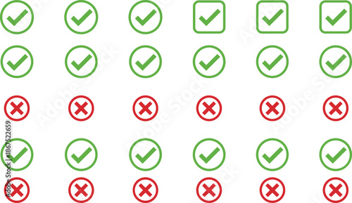 Collection of green check mark and red cross icons in circles and squares for voting survey feedback results success failure and interface design elements