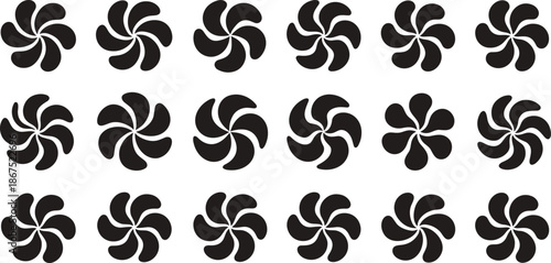 Collection of black propeller fan blade icons and blower turbine silhouettes for industrial ventilation cooling systems engine propulsion and mechanical engineering design elements