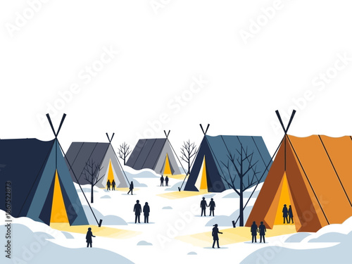 Winter Camping Scene People Enjoying Cozy Tents in a Snowy Landscape