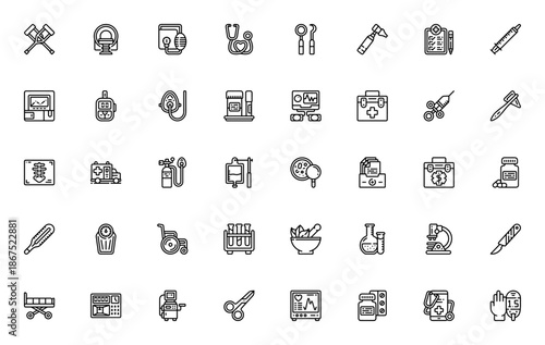 Medical equipment icon set. Vector healthcare symbols including stethoscope, syringe, ambulance, microscope, first aid kit, x-ray and more. Editable thin line icons.