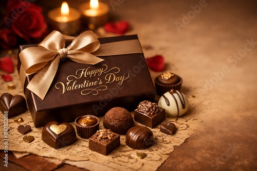 Wallpaper Mural Assorted luxury chocolate truffles and gift box with bow on wooden table for Valentine day celebration Torontodigital.ca