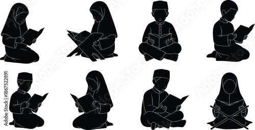 Children reading silhouette, Islamic education, traditional attire, cultural learning, book study, spiritual devotion, youth literacy, cad drawing flat vector illustration