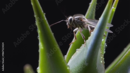 A close-up view of a fly resting on a green aloe vera plant with water droplets against a dark background