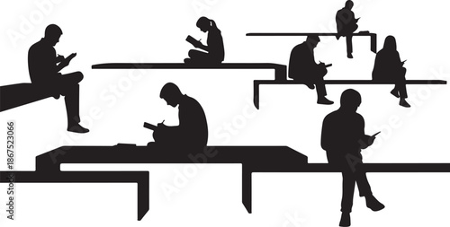 Silhouettes of people studying on benches together