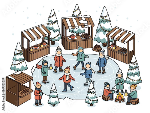 Winter Wonderland A Charming Scene of Ice Skating and Festive Market Stalls