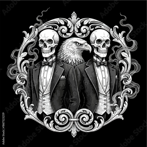 Stylized Monochrome Eagle and Skeletons in Vintage Ornate Frame