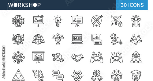 Workshop Business Training Icon Set Including Creative Ideas Leadership Teamwork Strategy Presentation Global Networking Problem Solving Brainstorming and Professional Education