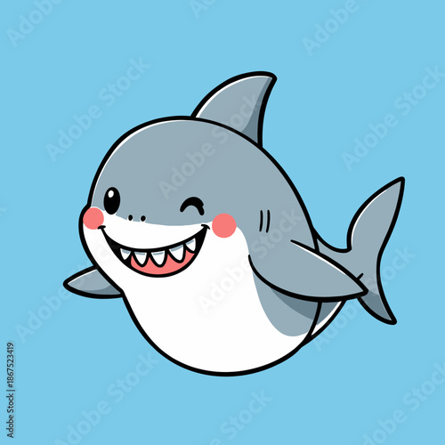 A cartoon shark with a cheerful expression swimming in a calm blue environment viewed from the side