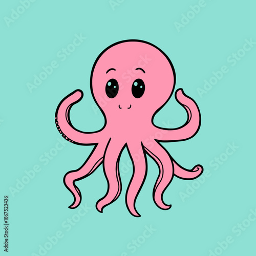 A pink cartoon octopus with tentacles on a teal background illustration