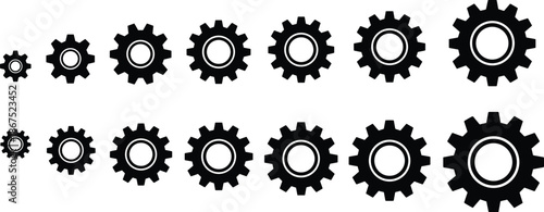 Set of black gear and sprocket wheel icons in various sizes and tooth counts for industrial machinery mechanical engineering clockwork and technical business process concepts