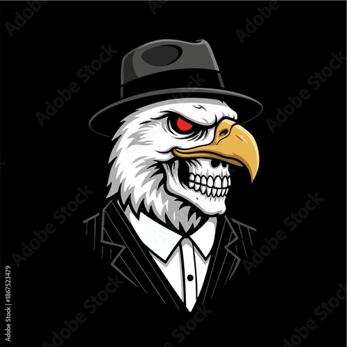 Dangerous Eagle Skull Mascot Character in Suit and Fedora Hat