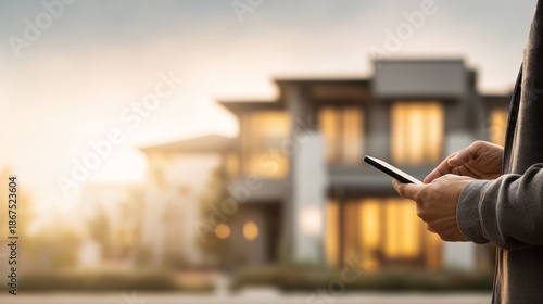 Digital home management, property access, mobile control interface. Smart real estate technology supports remote ownership, security, and property monitoring. Residential fintech and proptech