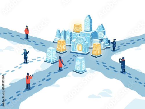 Winter Wonderland A Curious Gathering Around Icy Structures and Footprints in the Snow