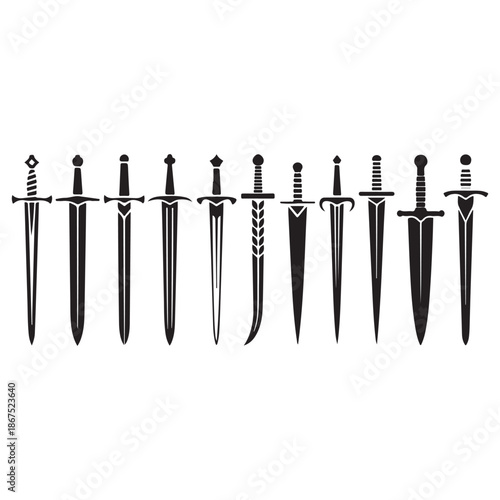 Medieval and fantasy swords icon set in black silhouette style