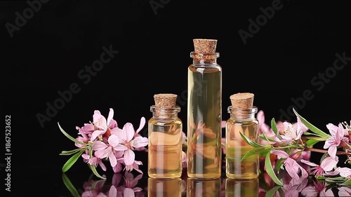 Essence of flowers on table in beautiful glass jar