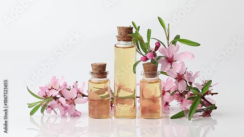 Essence of flowers on table in beautiful glass jar