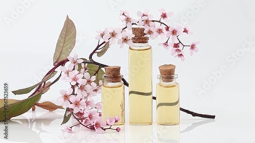 Essence of flowers on table in beautiful glass jar