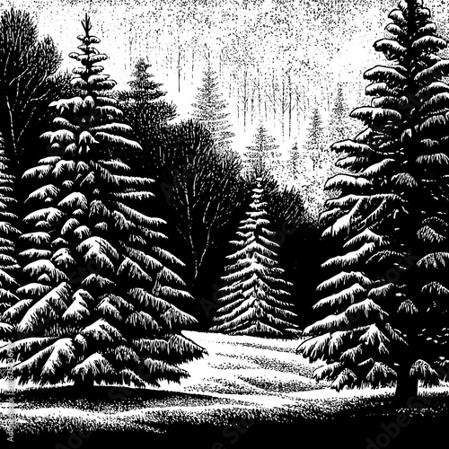 Frozen green ferns create a natural frost pattern on the winter forest floor amidst snow-covered spruce trees and icy pine branches in a cold white landscape