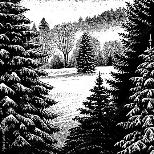 Evergreen green fern leaves and spruce branches covered in frost create a natural winter pattern in the cold forest fog during the Christmas season