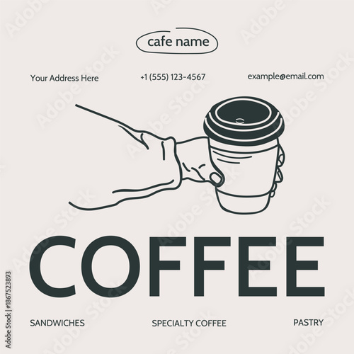 Minimalistic black and white square poster with hand-drawn illustration of a hand holding a paper coffee cup. Coffee to go. For cafes and coffee shops. Vector.
