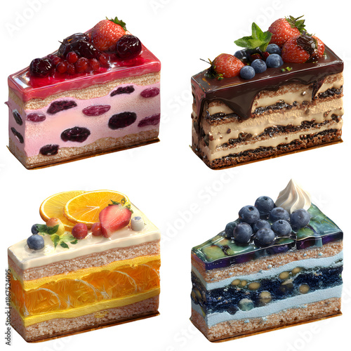 Assorted Gourmet Cake Slices Set: Mixed Berry, Chocolate Fruit, Orange Strawberry, and Blueberry Layer Cakes Isolated on transparent background