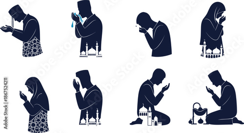 Islamic prayer poses, ablution ritual, mosque silhouette, male and female worshippers, spiritual practice, cultural devotion, religious illustration, cad drawing flat vector illustration