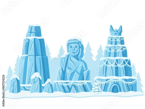 Winter wonderland ice sculptures illustration, featuring various icy structures and festive decorations