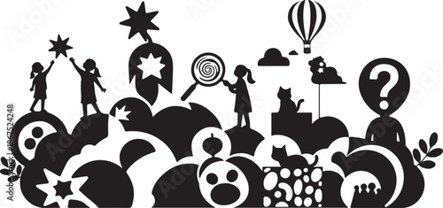 Whimsical Silhouette Scene with Children and Fantasy Elements Combined