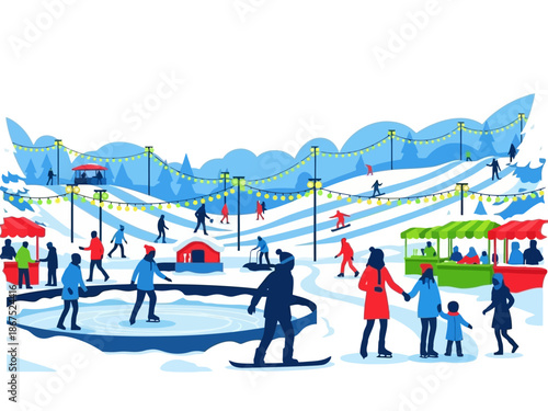 Winter Wonderland Festival People Ice Skating, Enjoying Festive Stalls, and Mountain Scenery