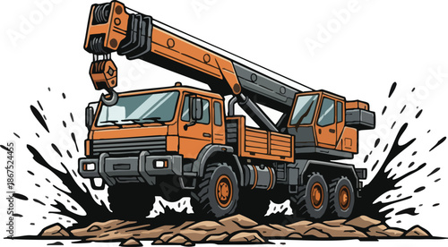 Heavy duty orange truck crane illustration on rough terrain