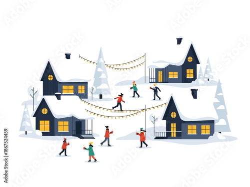 Winter Village Fun Children Enjoying Snowy Day with Festive Lights and Cozy Homes