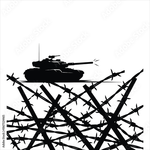 Tank silhouette with barbed wire foreground representing border control and restricted zone concept in black and white vector