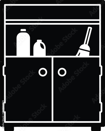 A monochrome icon illustrating a storage cabinet for household cleaning products and tools.