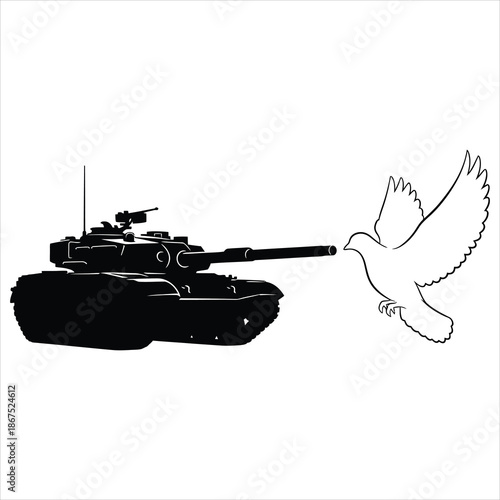 Tank silhouette with opposing peace dove negative space representing conflict versus peace messaging in black and white vector