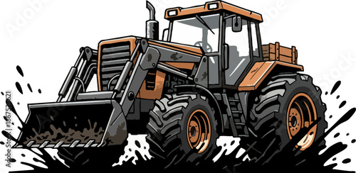 Heavy duty tractor with front loader splashing in mud vector illustration.