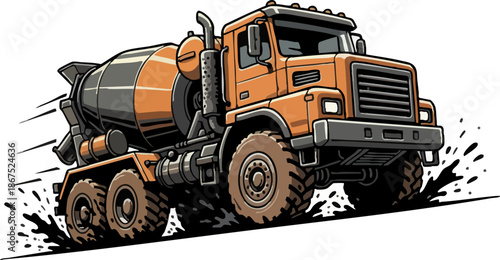 Heavy-duty cement mixer construction truck illustration.