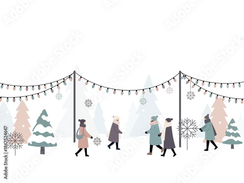 Winter Scene with People Walking Under Festive Lights and Trees, Snowy Landscape