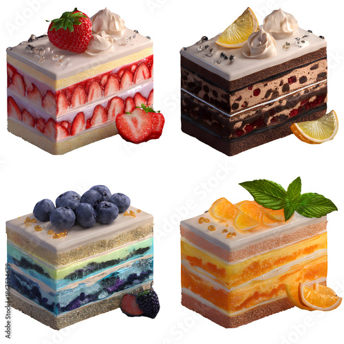 Sweet Dessert Set: Slices of Strawberry Shortcake, Chocolate Fudge, Blueberry Glaze, and Orange Cake