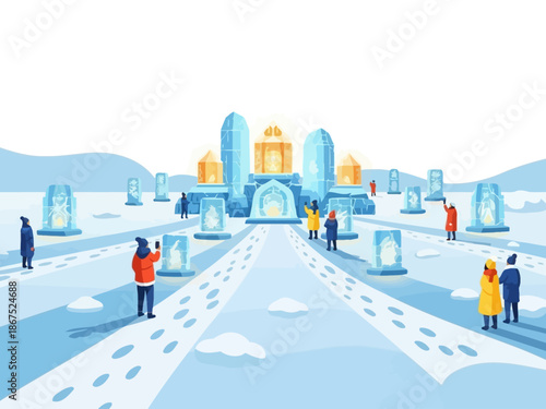 Winter Wonderland Festival People Enjoying Ice Sculptures and Festive Atmosphere