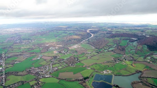 Aerial view of the Cotswolds and Gloucester, countryside landscape, England
